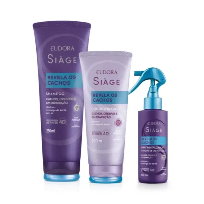 Kit Shampoo 250ml + Condicionador 200ml + Spray Capilar Revitalizador 100ml Revela Os Cachos Siàge Eudora