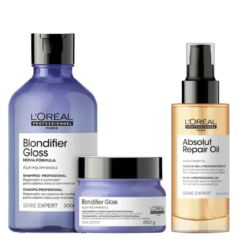 Kit Shampoo 300ml + Máscara 250g Blondifier Gloss + Óleo 90ml Absolut Repair L'Oréal Professionnel