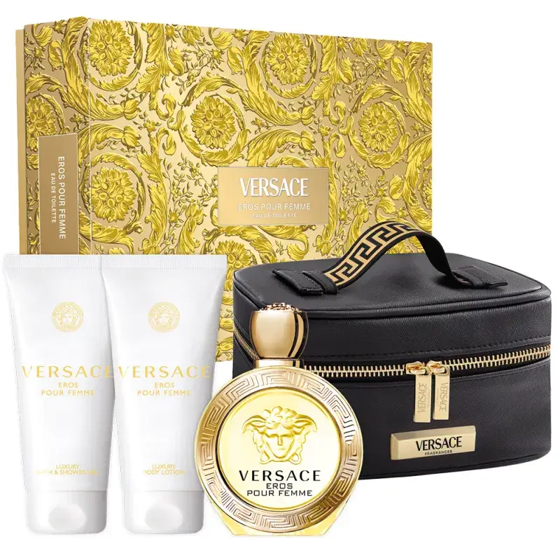 Kit Feminino Eros Femme Versace Eau de Toilette 100ml + loção corporal 100ml + gel de banho 100ml + Nécessaire